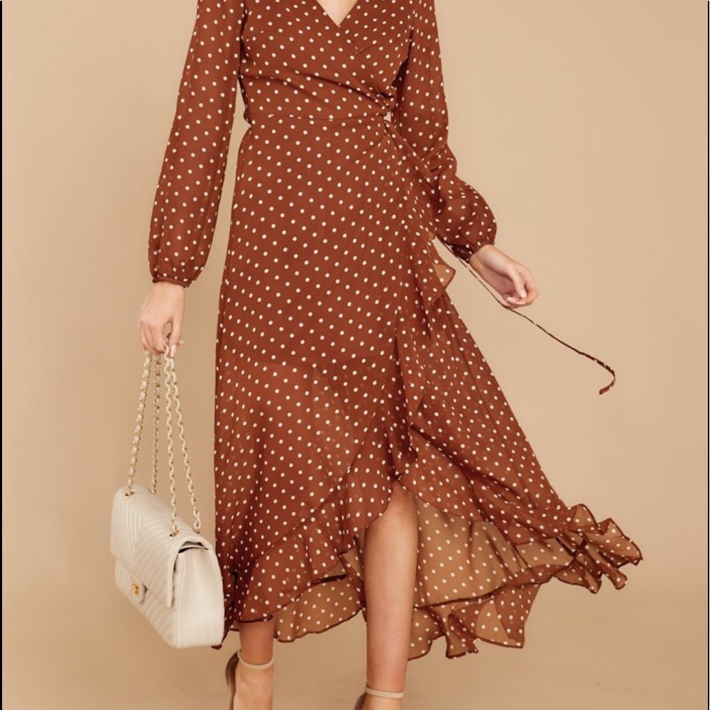 Listicle Brown Polka Dot Ruffle Belted Dress - Picture 2 of 8